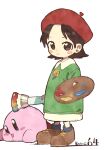  1girl adeleine beret black_hair blush_stickers brown_footwear copyright_name green_shirt hat highres holding holding_paintbrush holding_palette kirby kirby_(series) kirby_64 long_shirt looking_at_viewer nama_udon paintbrush palette_(object) red_headwear shirt shoes short_hair simple_background smile violet_eyes white_background 