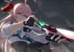  1girl beretta_1301 blue_archive blue_eyes greenkohgen gun halo heterochromia highres holding holding_gun holding_weapon hoshino_(blue_archive) long_hair pink_hair pink_halo solo weapon yellow_eyes 