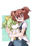  2girls black_sash blue_dress bow closed_eyes closed_mouth collared_shirt commentary_request cookie_(touhou) cowboy_shot daiyousei diyusi_(cookie) dress green_hair hair_between_eyes hair_bobbles hair_bow hair_ornament high-visibility_vest high_ponytail highres hug long_bangs looking_at_viewer multiple_girls obi onozuka_komachi open_mouth pinafore_dress puffy_short_sleeves puffy_sleeves red_eyes redhead sash scythe shaded_face shirt shishou_(cookie) short_hair short_sleeves sleeveless sleeveless_dress smile sznkrs touhou traffic_baton two_side_up w white_shirt yellow_bow 