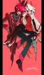  1boy 1girl alastor_(hazbin_hotel) arm_around_waist black_thighhighs blonde_hair cane charlie_morningstar colored_sclera commentary_request demon_girl demon_horns english_text formal frown glaring grin hand_on_another&#039;s_shoulder hazbin_hotel highres holding holding_cane horns k38-km long_hair official_alternate_costume red_background red_eyes red_sclera redhead sharp_teeth short_hair sitting sitting_on_lap sitting_on_person smile suit teeth thigh-highs 