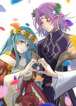  1boy 1girl aqua_eyes aqua_hair bare_shoulders circlet closed_mouth dress earrings eirika_(fire_emblem) eirika_(valentine)_(fire_emblem) fire_emblem fire_emblem:_the_sacred_stones fire_emblem_heroes flower flower_earrings hair_between_eyes hair_flower hair_ornament heart heart_hands heart_hands_duo highres jewelry kazu20200224 long_hair long_sleeves looking_at_viewer lyon_(fire_emblem) lyon_(valentine)_(fire_emblem) medium_hair off-shoulder_dress off_shoulder official_alternate_costume petals purple_hair purple_robe red_dress robe smile upper_body violet_eyes white_background wide_sleeves 