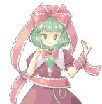  1girl @_@ arnest bow dress frilled_bow frilled_ribbon frills front_ponytail green_eyes green_hair hair_bow hair_ribbon highres kagiyama_hina red_bow red_dress red_ribbon ribbon touhou wrist_ribbon 