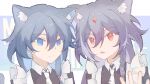  2girls alternate_costume animal_ears black_dress blue_eyes blue_hair cat_ears dress fu_hua fu_hua_(herrscher_of_sentience) grey_hair hair_between_eyes highres honkai_(series) honkai_impact_3rd jewelry light_smile long_hair long_sleeves looking_at_viewer maid multicolored_hair multiple_girls open_mouth red_eyes shi_shi_shi_shi_shi_shi_zhi_lu_zhe streaked_hair white_hair 