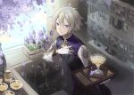  1boy bar_(place) bartender beartoris black_pants black_vest blue_eyes chinese_clothes closed_mouth cocktail counter cowboy_shot cup day drinking_glass falling_petals fate/grand_order fate_(series) flower flower_knot gloves grey_hair hair_between_eyes hand_on_own_chest holding holding_tray jar lavender_(flower) layered_sleeves light_particles long_sleeves looking_at_viewer male_focus pants petals plant potted_plant prince_of_lan_ling_(fate) purple_flower shelf short_hair sidelocks smile solo standing tailcoat tassel tray vest white_gloves white_sleeves window 