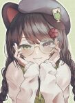  1girl :3 absurdres animal_ears beret blush braid brown_hair dog_ears dog_girl flower glasses green_background hair_flower hair_ornament hands_on_own_face hat head_rest heterochromia highres inui_toko inui_toko_(3rd_costume) kitsutsuki_tsuki light_smile looking_at_viewer nijisanji outline red_eyes sleeves_past_wrists sweater twin_braids virtual_youtuber white_outline yellow_eyes 