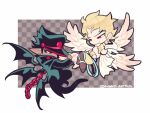  2boys angel_wings black_hair black_headwear black_wings blonde_hair border brown_footwear chain chibi chibi_only closed_mouth cosplay demon_wings devilman devilman_(character) devilman_(character)_(cosplay) dio_brando earrings full_body gold_bracelet hat jewelry jojo_no_kimyou_na_bouken kotorai kujo_jotaro looking_at_another male_focus multiple_boys multiple_wings no_nose pointy_ears red_eyes satan_(devilman) satan_(devilman)_(cosplay) short_hair sideburns smile tan topless_male twitter_username white_border white_wings wings 