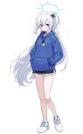  1girl absurdres blue_archive blue_halo blue_hoodie blush closed_mouth commentary english_commentary full_body grey_hair gyool hair_between_eyes halo highres hood hood_down hoodie long_hair long_sleeves looking_at_viewer miyako_(blue_archive) one_side_up shoes simple_background smile socks solo violet_eyes white_background white_footwear white_socks 