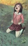  1girl absurdres azumanga_daioh black_hair chopsticks comedy crying grass highres kasuga_ayumu kneeling liamickpie looking_up open_mouth outdoors school_uniform solo tears 