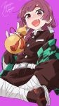  1girl :d absurdres artist_name bocchi_the_rock! cosplay demon_slayer_uniform fang highres hiroi_kikuri holding_gourd kimetsu_no_yaiba kochou_shinobu kochou_shinobu_(cosplay) looking_at_viewer open_mouth purple_background redhead simple_background sitting smile solo tabi violet_eyes zetsuyo_chimayo 