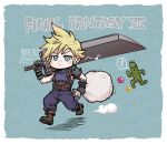  ! 1boy aqua_background aqua_eyes armor bag baggy_pants belt blonde_hair blue_pants blue_shirt blush boots brown_belt brown_footwear buster_sword chibi cloud_strife final_fantasy final_fantasy_vii final_fantasy_vii_remake gloves happy_birthday highres hitsuji_merry holding holding_bag holding_sword holding_weapon male_focus materia multiple_belts musical_note over_shoulder pants pointy_hair running sabotender shirt short_hair shoulder_armor single_bare_shoulder single_shoulder_pad sleeveless sleeveless_turtleneck spiky_hair spoken_exclamation_mark suspenders sword turtleneck twitter_username weapon weapon_over_shoulder 