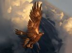  animal_focus axelsauerwald beak bird blue_sky brown_eagle clouds cloudy_sky copyright_notice dutch_angle eagle feathered_wings flying magic:_the_gathering midair painterly sky volcano wings 