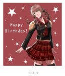  1girl :3 akademeia_uniform black_thighhighs braid brown_hair cinque_(fft-0) drill_hair final_fantasy final_fantasy_type-0 green_eyes happy_birthday highres jacket long_hair nnnmmg0725 plaid plaid_skirt red_background school_uniform skirt smile star_(symbol) thigh-highs 