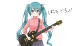  1girl absurdres aqua_eyes aqua_hair black_skirt bocchi_the_rock! copyright_name cosplay cube_hair_ornament electric_guitar gotoh_hitori gotoh_hitori_(cosplay) guitar hair_ornament hatsune_miku highres hisagi_maruyama instrument looking_at_viewer pink_track_suit simple_background skirt solo vocaloid white_background 