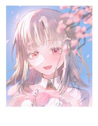  1girl :d absurdres blue_background blush brown_hair cherry_blossoms collared_shirt danganronpa_(series) danganronpa_2:_goodbye_despair flower highres medium_hair nanami_chiaki neck_ribbon pink_eyes pink_flower pink_ribbon portrait ribbon seio_b23 shirt smile solo spaceship_hair_ornament white_shirt 