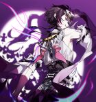  1boy black_hair different_shadow from_side grin hand_up highres long_hair looking_at_viewer male_focus mask migo45 multicolored_hair nijisanji nijisanji_en purple_hair purple_theme shu_yamino sideways_glance smile solo standing two-tone_hair violet_eyes 