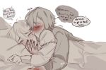  2girls ariane_yeong bed biting black_hair blanket bluechuu blush cheek_biting drunk elster_(signalis) english_text hand_on_another&#039;s_face humanization monochrome multiple_girls on_bed pillow short_hair signalis speech_bubble spot_color twitter_username under_covers white_hair yuri 