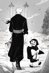  1boy 1girl back bandana_around_arm boots chabo_(niwatori_bosori) clouds commentary_request earrings full_body grave greyscale highres holding_hands japanese_clothes jewelry kimono looking_up monochrome one_piece ribbon roronoa_zoro sash short_hair smile solo toko_(one_piece) walking 