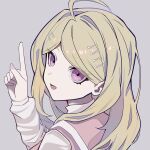  1girl :d absurdres ahoge akamatsu_kaede blonde_hair danganronpa_(series) danganronpa_v3:_killing_harmony grey_background grey_shirt hair_ornament highres index_finger_raised jiabingkele long_sleeves looking_at_viewer looking_back musical_note musical_note_hair_ornament nail_polish pink_eyes pink_nails pink_sweater_vest shirt simple_background smile solo sweater_vest 