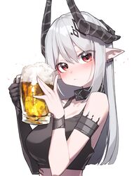  1girl absurdres alcohol arknights armlet beer beer_mug beudelb black_gloves black_shirt blush bracelet breasts closed_mouth commentary cropped_shirt cup demon_girl demon_horns ear_piercing elbow_gloves gloves grey_hair hair_between_eyes highres holding holding_cup horns infection_monitor_(arknights) jewelry large_breasts looking_at_viewer mudrock_(arknights) mug oripathy_lesion_(arknights) piercing pointy_ears red_eyes shirt simple_background single_glove sleeveless sleeveless_shirt solo upper_body white_background 