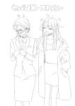  2girls closed_eyes coat collared_shirt commentary_request dress_shirt glasses hands_in_pockets highres jacket long_sleeves monochrome multiple_girls office_lady open_clothes open_coat open_mouth original pencil_skirt ponytail sakashima_0822 shirt sidelocks sketch skirt translation_request 