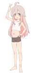  1girl :p absurdres ahoge arm_up bare_legs barefoot black_male_underwear blush boxers brown_eyes closed_mouth colored_inner_hair dot_nose full_body genderswap genderswap_(mtf) grey_hair hair_between_eyes hand_on_own_hip highres looking_at_viewer male_underwear multicolored_hair navel onii-chan_wa_oshimai! oyama_mahiro pink_hair s10021 shirt simple_background solo standing tongue tongue_out underwear v white_background white_shirt 
