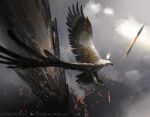  animal_focus arrow_(projectile) axelsauerwald beak bird check_animal clouds company_name copyright_notice crown day eagle feathered_wings flaming_arrow floating_crown flock flying foreshortening from_above lava magic:_the_gathering midair mini_crown official_art outdoors overcast painterly sky stone_pillar wings 