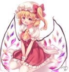  1girl ascot back_bow blonde_hair blush bow breasts buttons collared_shirt crystal fang flandre_scarlet frilled_ascot frilled_bow frilled_shirt_collar frilled_skirt frilled_sleeves frills full_body hat hat_bow kemo_chiharu large_bow medium_hair multicolored_wings no_shoes one_side_up open_mouth puffy_short_sleeves puffy_sleeves red_bow red_eyes shirt short_sleeves signature simple_background sitting skirt sleeve_ribbon small_breasts solo thigh-highs touhou v_arms wariza white_background white_bow white_headwear white_shirt white_thighhighs wings wrist_cuffs yellow_ascot 