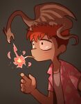  1boy breathing_fire cigarette creature_on_head dragon earrings fire grey_background hawaiian_shirt highres jewelry male_focus open_clothes open_shirt original pink_shirt redhead shirt short_hair short_sleeves simple_background smoking takurada undercut undershirt white_shirt 