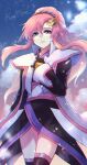  1girl black_dress black_gloves blue_eyes clouds cloudy_sky dress gloves gundam gundam_seed gundam_seed_freedom hair_ornament highres lacus_clyne long_hair pink_hair sky solo yuuka_seisen 