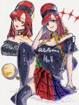  1girl aojirozame1228 bare_shoulders black_eyeliner black_shirt breasts chain clothes_writing collarbone earth_(ornament) eyelashes eyeliner gold_chain hand_rest hat hecatia_lapislazuli hecatia_lapislazuli_(earth) hecatia_lapislazuli_(moon) highres legacy_of_lunatic_kingdom long_hair makeup moon_(ornament) multicolored_clothes multicolored_skirt off-shoulder_shirt off_shoulder pleated_skirt red_eyes redhead shirt simple_background sitting skirt smile solo t-shirt thigh-highs thighs touhou underworld_(ornament) white_background 