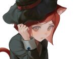 1girl :o animal_ears black_headwear black_jacket brown_eyes cat_ears cat_tail danganronpa_(series) danganronpa_v3:_killing_harmony gem hand_up hat jacket long_sleeves looking_at_viewer open_clothes open_jacket redhead shiromo_ooo short_hair simple_background solo tail white_background witch_hat yumeno_himiko 