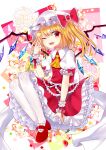  1girl absurdres ascot back_bow bow collared_shirt crystal flandre_scarlet floral_background flower frilled_bow frilled_shirt_collar frilled_skirt frilled_sleeves frilled_vest frills from_side full_body happy hat hat_bow hat_ribbon highres large_bow light_smile looking_at_viewer mary_janes medium_hair mob_cap multicolored_wings one_eye_closed one_side_up open_mouth pantyhose pink_background pink_flower red_bow red_eyes red_footwear red_ribbon red_skirt red_vest ribbon ribbon-trimmed_headwear ribbon-trimmed_sleeves ribbon_trim sakizaki_saki-p shirt shoes skirt sleeve_bow teeth touhou upper_teeth_only v vest white_background white_bow white_flower white_headwear white_pantyhose white_shirt wings wrist_cuffs yellow_ascot yellow_flower 