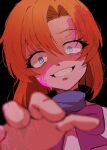  1girl black_background blood blood_in_hair blood_on_face blue_eyes blurry bob_cut bow close-up commentary crazy_eyes crazy_smile depth_of_field eyelashes grin hair_between_eyes highres higurashi_no_naku_koro_ni light_smile orange_hair purple_bow reaching reaching_towards_viewer ryuuguu_rena short_hair simple_background smile solo tsurime wide-eyed yuno_ff 