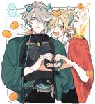  2024 2boys ;d alhaitham_(genshin_impact) black_shirt blonde_hair blue_horns blush cable chinese_zodiac closed_mouth coat commentary covered_collarbone dragon_horns earrings english_commentary eyelashes feather_hair_ornament feathers food food_on_head frown fruit genshin_impact green_coat green_eyes green_hair grey_hair hair_between_eyes hair_ornament hand_up hands_up haori headphones heart heart_hands heart_hands_duo high_ponytail highres horns japanese_clothes jewelry kaveh_(genshin_impact) long_sleeves looking_at_viewer male_focus mandarin_orange mmme0709 multicolored_hair multiple_boys object_on_head one_eye_closed open_clothes open_coat open_mouth parted_bangs ponytail red_coat red_eyes shirt short_hair simple_background smile swept_bangs v v-shaped_eyebrows white_background white_shirt wide_sleeves year_of_the_dragon 