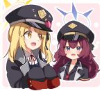  2girls black_coat black_headwear black_shirt blonde_hair blue_archive blue_halo blush coat collared_shirt hair_between_eyes halo hat ibuki_(blue_archive) iroha_(blue_archive) long_hair moja_(moja4192) multiple_girls necktie open_mouth outline peaked_cap red_necktie redhead shirt side_ponytail sleeves_past_fingers sleeves_past_wrists smile violet_eyes white_outline white_shirt yellow_eyes yellow_halo 