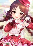  1girl blurry blurry_background blush braid brown_eyes brown_hair buttons clothing_cutout commentary dodotsuki dot_nose dress earrings floral_print food_print frilled_dress frills hair_ribbon hands_up heart heart_earrings heart_hands highres idolmaster idolmaster_cinderella_girls idolmaster_cinderella_girls_starlight_stage jewelry long_hair long_sleeves looking_at_viewer official_alternate_costume official_alternate_hairstyle open_mouth pink_nails print_dress puffy_sleeves red_dress red_headwear red_ribbon ribbon shoulder_cutout sidelocks smile solo sparkle strawberry_print sunlight tachibana_arisu twin_braids 