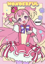  1girl :d blonde_hair bow commentary crown cure_wonderful dated dress earrings flower_earrings hairband hands_up head_tilt heart highres inukai_komugi jewelry long_hair looking_at_viewer mini_crown multicolored_hair neki_(wakiko) pantyhose paw_pose pink_dress pink_hair precure puffy_short_sleeves puffy_sleeves purple_bow short_eyebrows short_sleeves smile solo star_(symbol) streaked_hair striped_bow striped_clothes striped_pantyhose thick_eyebrows tilted_headwear twitter_username two_side_up very_long_hair violet_eyes wonderful_precure! wrist_cuffs yellow_hairband 