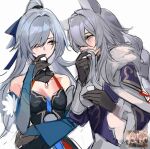 2girls animal_ears baiheng_(honkai:_star_rail) bare_shoulders black_dress black_gloves blue_eyes blue_hair blush chinese_commentary collarbone commentary_request covered_mouth cup detached_sleeves dress eye_contact fox_ears from_side fur-trimmed_dress fur_trim gloves grey_hair hair_between_eyes hair_intakes hand_up high_ponytail highres holding holding_another&#039;s_hair holding_cup honkai:_star_rail honkai_(series) jingliu_(honkai:_star_rail) long_hair looking_at_another looking_to_the_side mie_xing multicolored_hair multiple_girls purple_dress red_eyes reference_inset simple_background sketch smelling_hair streaked_hair swept_bangs two-tone_hair upper_body white_background yuri 