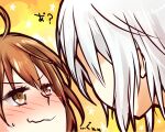  1boy 1girl accelerator_(toaru_majutsu_no_index) ahoge albino blush brown_eyes brown_hair closed_mouth commentary_request hair_between_eyes i.u.y medium_hair misaka_worst nose_blush orange_background profile sweatdrop toaru_majutsu_no_index translation_request v-shaped_eyebrows wavy_mouth white_hair 