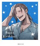 blue_background blue_shirt blush brown_hair closed_eyes dog_tags earrings final_fantasy final_fantasy_viii happy_birthday jewelry laguna_loire laughing long_hair low_ponytail male_focus necklace nnnmmg0725 open_mouth ponytail shirt smile star_(symbol) teeth upper_teeth_only 