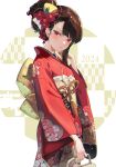  1girl 2024 alternate_costume black_hair blush fingernails floral_print flower girls_frontline hair_flower hair_ornament japanese_clothes kimono looking_at_viewer nail_polish niac obi patterned_background red_eyes red_kimono sash single_sidelock solo wa2000_(girls&#039;_frontline) 