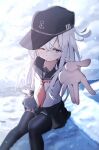  1girl absurdres anchor_symbol black_headwear black_sailor_collar black_skirt black_thighhighs blue_eyes blush closed_mouth dfd feet_out_of_frame flat_cap grey_hair hair_between_eyes hat hibiki_(kancolle) highres kantai_collection long_hair long_sleeves neckerchief one_eye_closed pleated_skirt red_neckerchief sailor_collar school_uniform serafuku skirt solo thigh-highs 