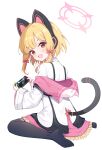  1girl absurdres animal_ear_headphones animal_ears black_thighhighs blonde_hair blue_archive blush cat_tail exusiai_dust fake_animal_ears halo handheld_game_console headphones highres holding holding_handheld_game_console jacket long_sleeves looking_at_viewer momoi_(blue_archive) open_mouth pink_halo playing_games red_eyes shirt short_hair simple_background smile soles solo tail thigh-highs toes white_background white_jacket white_shirt 