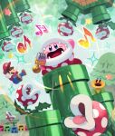  1boy beamed_eighth_notes blue_eyes blue_overalls closed_eyes eighth_note facial_hair hat highres holding holding_microphone kirby kirby_(series) mario microphone music musical_note mustache open_mouth overalls piranha_plant red_headwear singing super_mario_bros. super_mario_bros._wonder suyasuyabi talking_flower_(mario) warp_pipe 