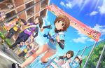 6+girls blush brown_eyes brown_hair cloud day dress honda_mio idolmaster_cinderella_girls_starlight_stage open_mouth running short_hair shorts solo_focus street tree