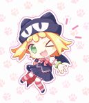  &gt;_o 1girl :3 amitie_(puyopuyo) animal_hat bat_wings black_skirt blonde_hair blush_stickers bow cat_hat chibi closed_umbrella full_body green_bracelet green_eyes hat highres holding holding_umbrella jazz_grace looking_at_viewer one_eye_closed open_mouth pantyhose paw_print pink_bow puyo_(puyopuyo) puyopuyo puyopuyo_fever puyopuyo_quest short_hair skirt solo striped_clothes striped_pantyhose umbrella wings 