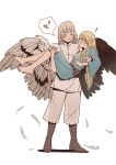  ! 2girls absurdres barefoot belt_pouch black_wings blonde_hair blue_robe boots braid braided_bangs breasts carrying closed_eyes dungeon_meshi elf facing_viewer falin_thorden feathered_wings feathers flat_chest grey_footwear grey_wings hair_down hands_up heart highres long_hair long_sleeves marcille_donato medium_hair mismatched_wings multiple_girls multiple_wings murmur_(kim0222dr5) no_capelet no_headwear no_jacket pants pointy_ears pouch princess_carry profile robe see-through_silhouette shirt simple_background single_braid spoken_heart very_long_hair white_background white_pants white_shirt wide_sleeves wings yuri 