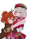  2girls ;) absurdres anna_(fire_emblem) bare_shoulders braid brown_cape cape commission deerstalker dress fire_emblem fire_emblem_engage framme_(fire_emblem) gloves grey_hair hair_between_eyes hat highres hug long_hair looking_at_viewer mariirasuto7 multiple_girls one_eye_closed pink_dress plaid_headwear ponytail red_eyes redhead single_braid sleeveless sleeveless_dress smile v white_background yellow_eyes 