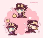  1boy animal_hug animalization arms_up bird black_coat black_hair black_headwear blue_eyes blush_stickers chibi chibi_only closed_eyes coat dio_brando hat heart jitome jojo_no_kimyou_na_bouken kotorai kujo_jotaro long_sleeves male_focus multiple_views no_mouth no_nose pink_background purple_shirt shirt short_hair sideburns signature sitting translation_request 