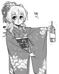  1girl alternate_costume bottle feet_out_of_frame flower gouta_(nagishiro6624) greyscale hair_between_eyes hair_flower hair_ornament highres holding japanese_clothes kantai_collection kimono monochrome pola_(kancolle) ponytail smile solo standing thick_eyebrows wine_bottle 